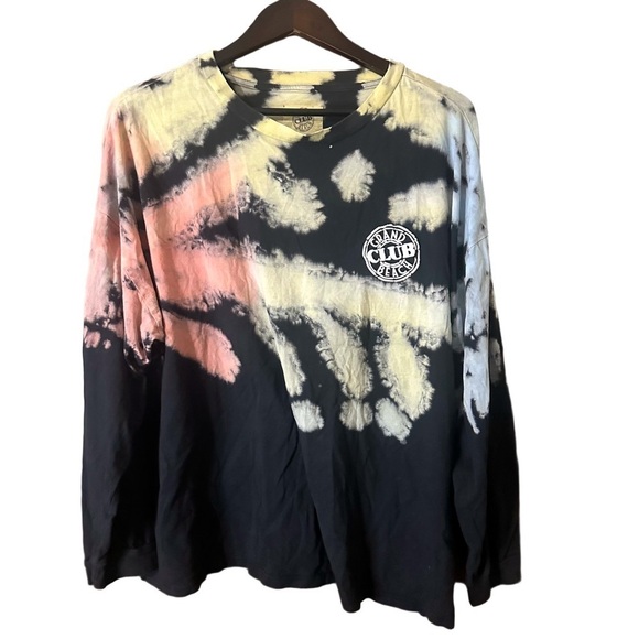 Grand Beach Club Tops - Grand Beach Club Black Long Sleeve Tee Yellow Red Blue Tie Dye Size XL Retro